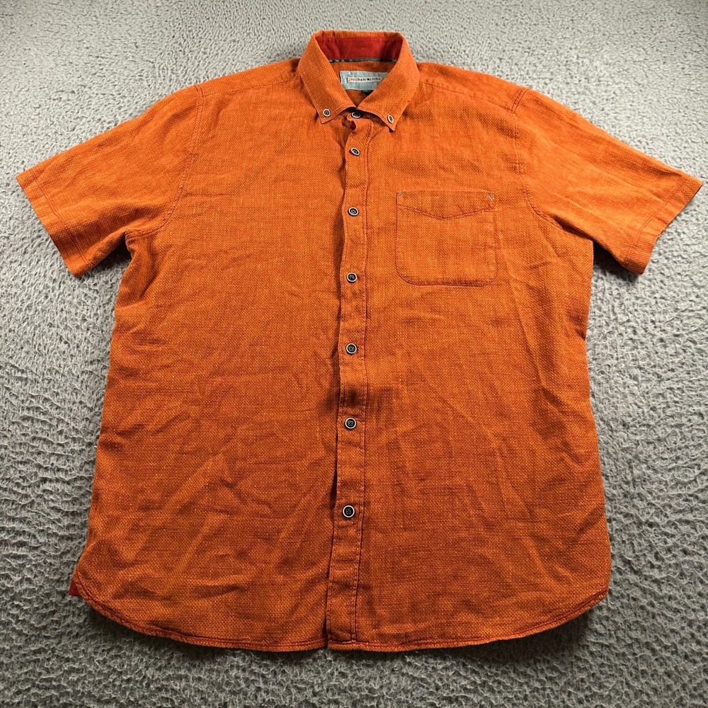 32 Bar Blues Shirt Mens L Orange Short Sleeve Button Up Linen‎ Cotton Pocket - Picture 2 of 10